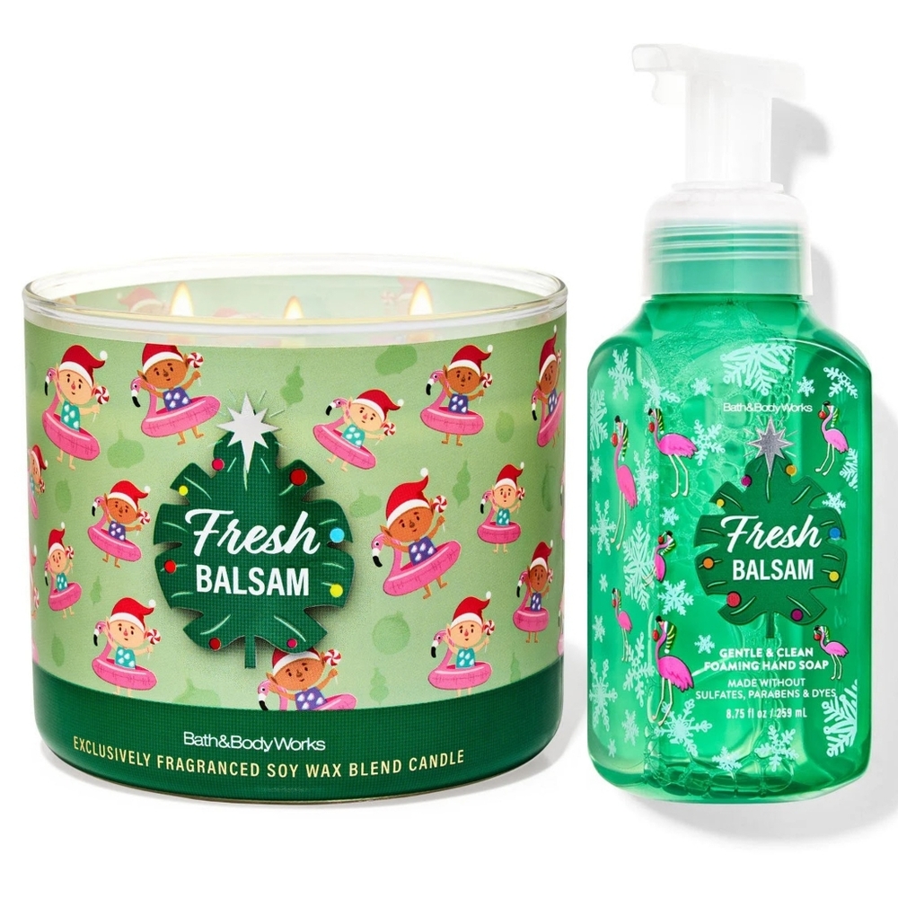 Bath & Body Works Fresh Balsam Foaming Hand Soap & 3 Wick Candle Set NEW Rare